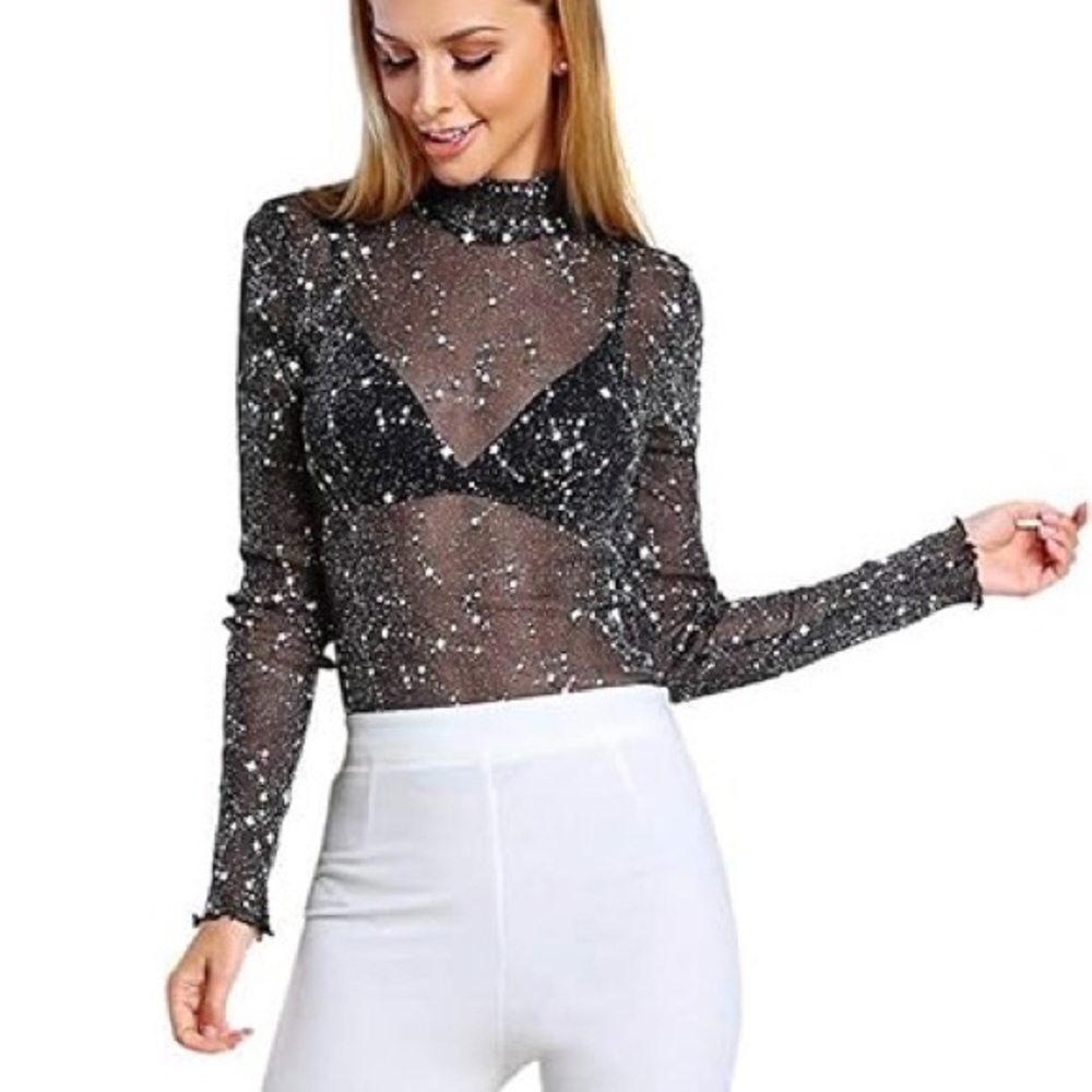 Black Star Mesh long sleeve mock neck top